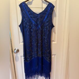 Unique Vintage Royal Blue Beaded Midi Dress